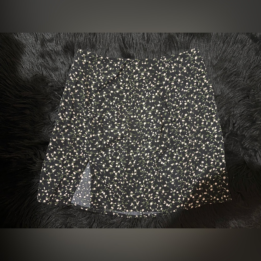 Black Zip Up Mini Skirt W/ Subtle White Flowers, Green Leafs & Small Thigh Slit